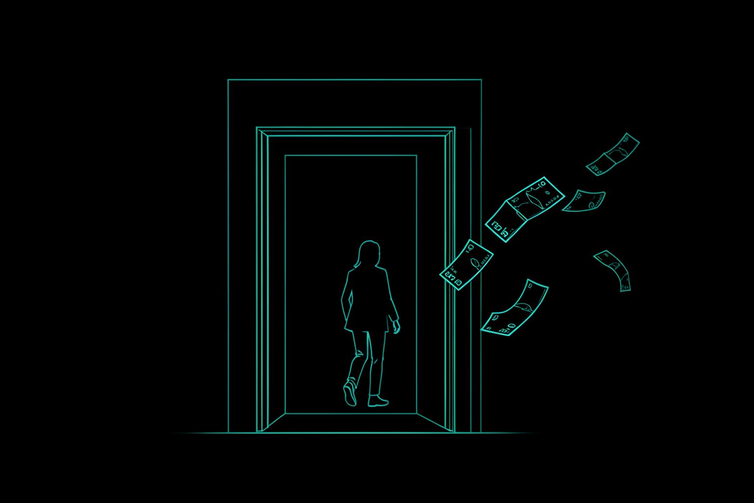 Line illustration of a customer walking out of a door while money drifts away